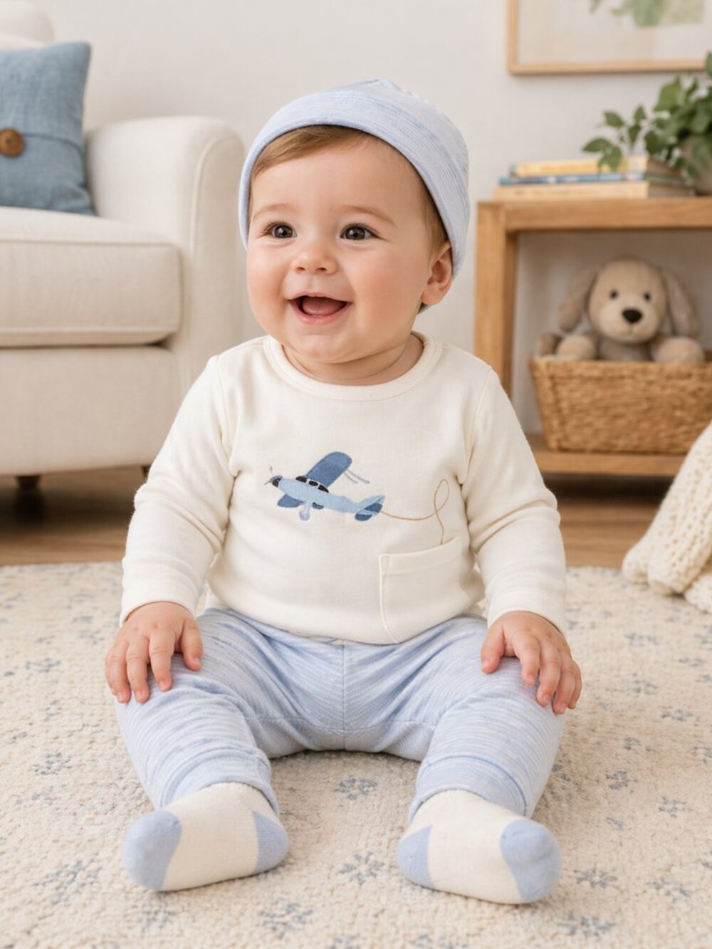 NWT Carter’s Baby Boy Airplane 4-Piece Outfit Set Blue White 12 Months Hat Pants